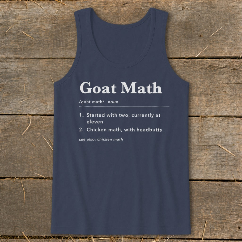 Navy tank top with "Goat Math" definition and illustration.