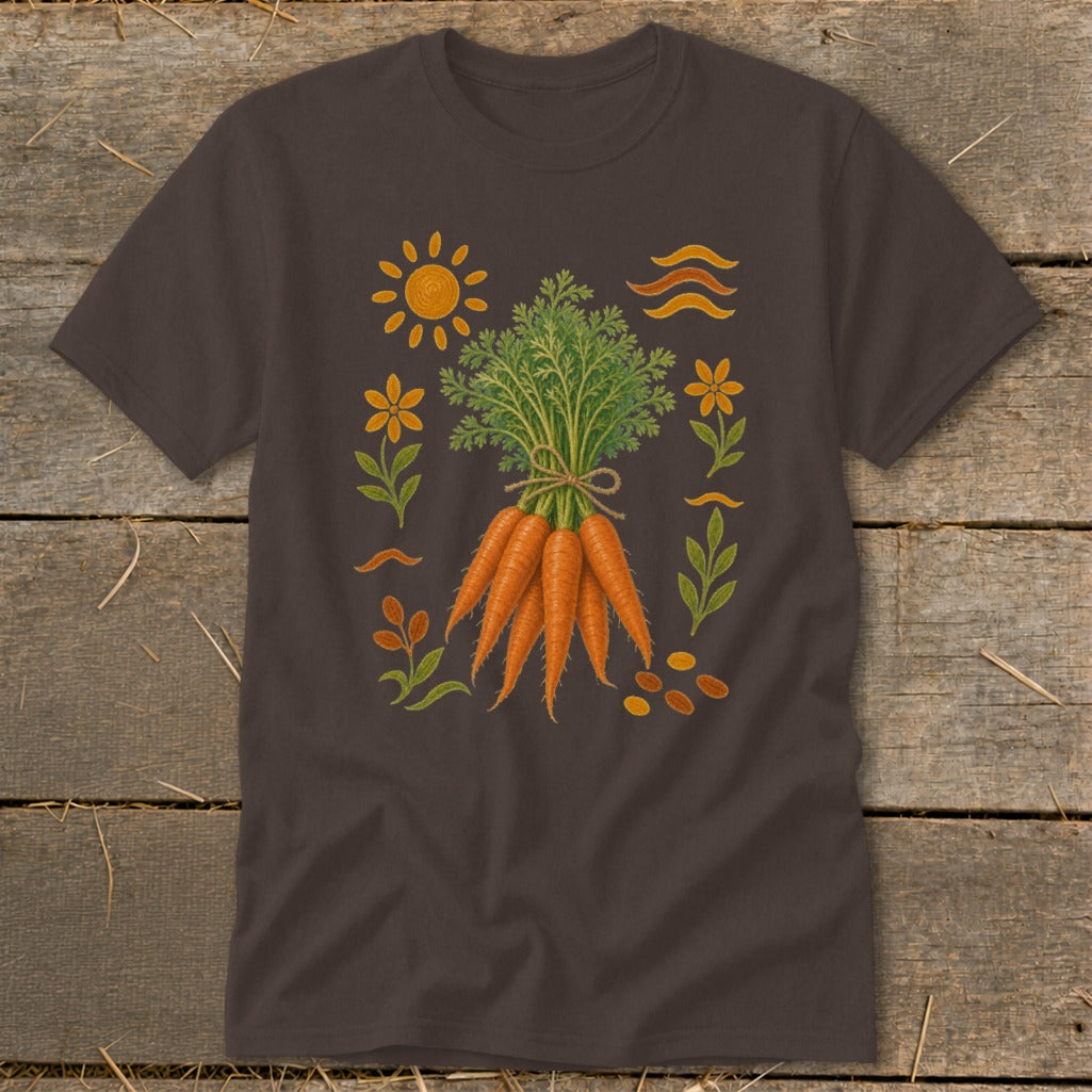 Brown t-shirt with illustration of bound carrots and garden motifs.