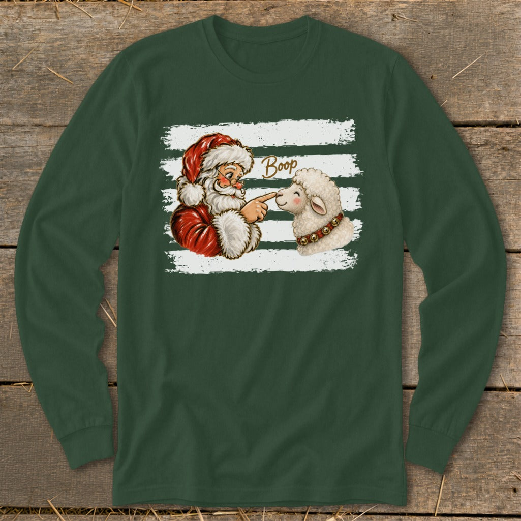 Santa boops a sheep with the text "Boop" above them.