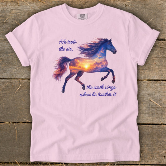Light pink t-shirt featuring a galloping horse graphic filled with a sunset sky and poetic text.