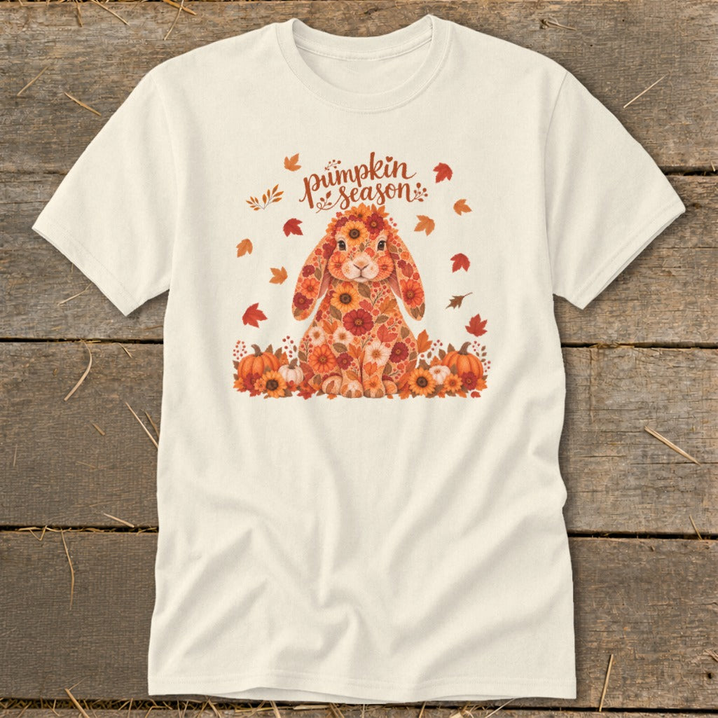 Cream t-shirt with a floral bunny and "pumpkin season" text.