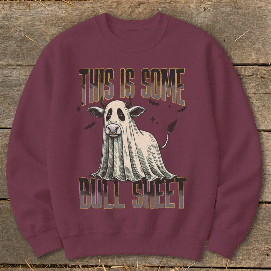 Cow wearing a ghost costume with text "This is some Bull Sheet".