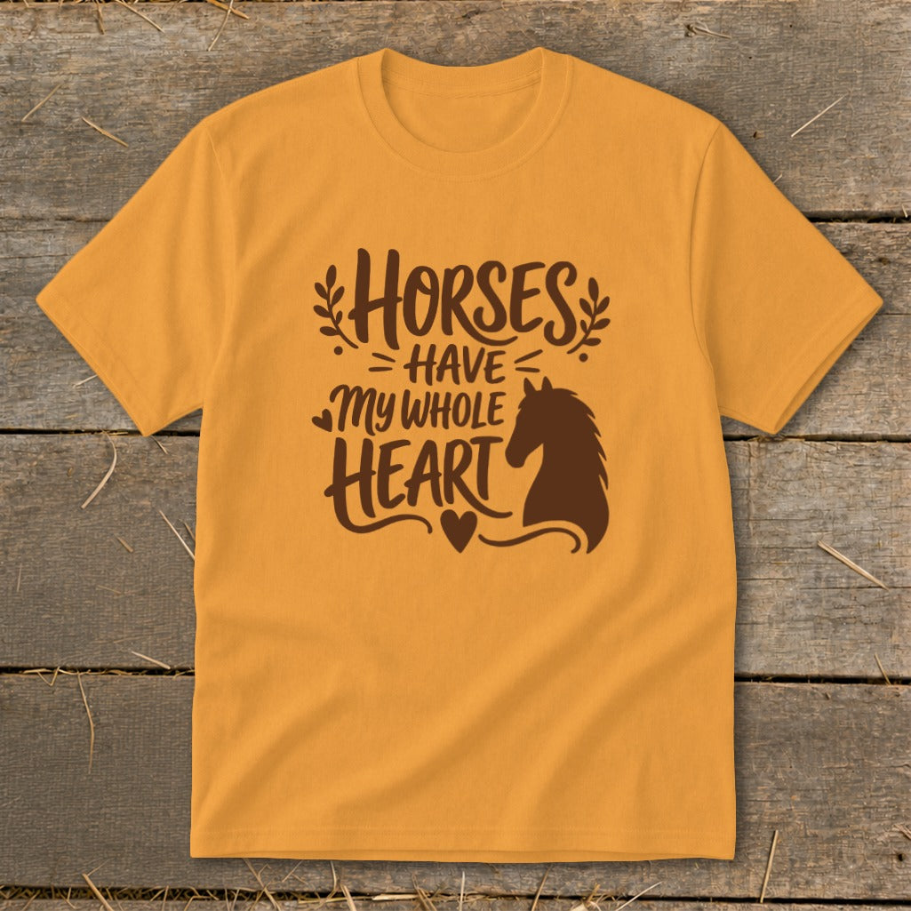 Orange t-shirt with "Horses Have My Whole Heart" text and horse silhouette.