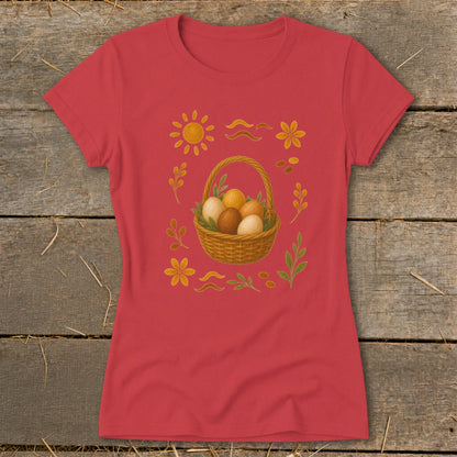Red t-shirt with a woven basket filled with brown and tan Easter eggs and floral accents.