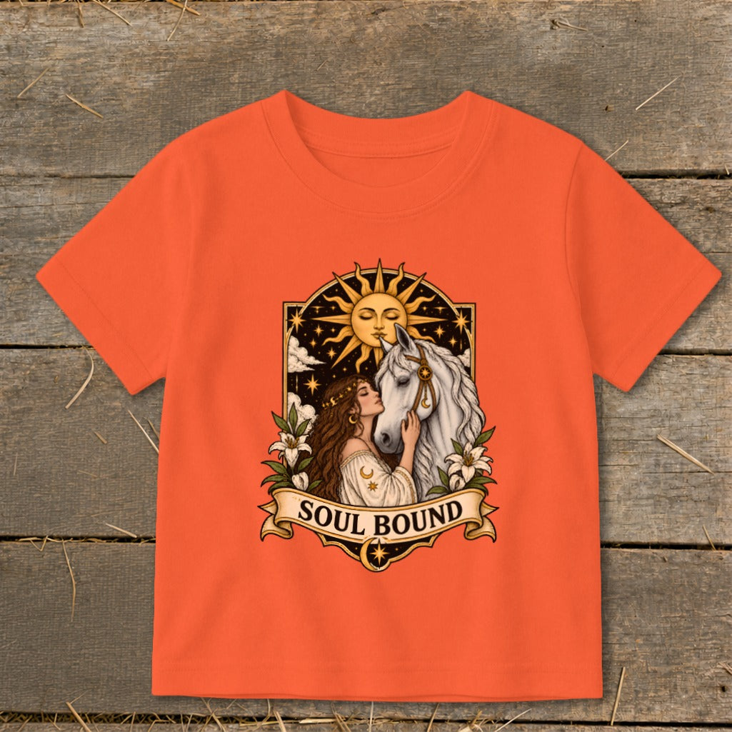 Woman embracing white horse under sun with text "SOUL BOUND".