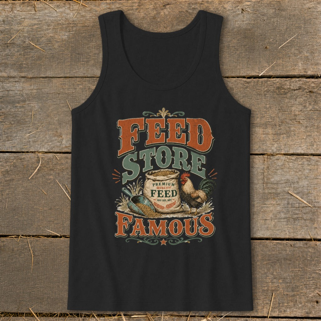 Black tank top with "Feed Store Famous" text, feed bag, rooster, and shovel design.