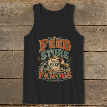 Black tank top with "Feed Store Famous" text, feed bag, rooster, and shovel design.