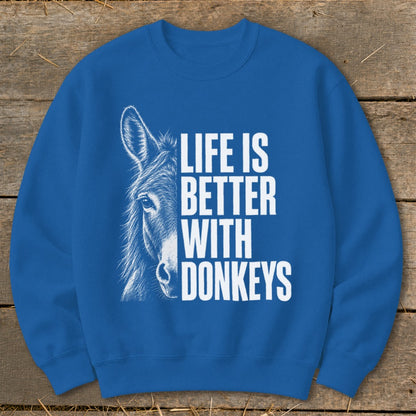 Blue sweatshirt with sketch of donkey and text "Life is Better With Donkeys".
