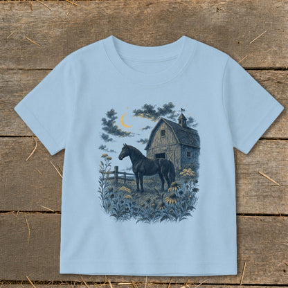 Black horse stands in field with barn and moon under starry night sky.