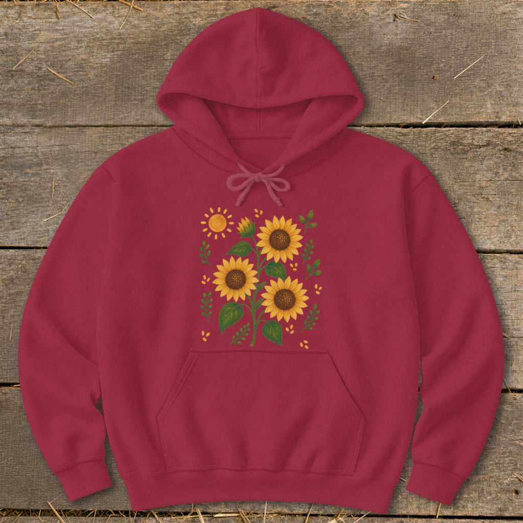 Maroon hoodie with a floral sunflower and sun design on the front.