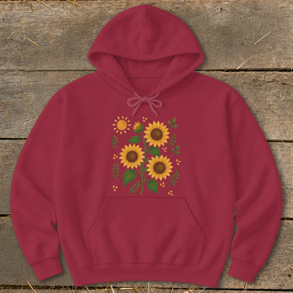 Maroon hoodie with a floral sunflower and sun design on the front.