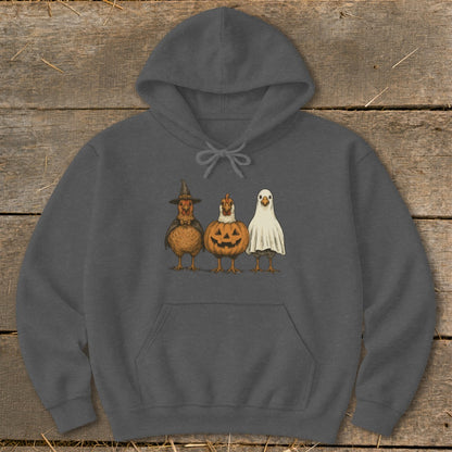 Three chickens dressed for Halloween: one as a witch, one as a pumpkin, one as a ghost.