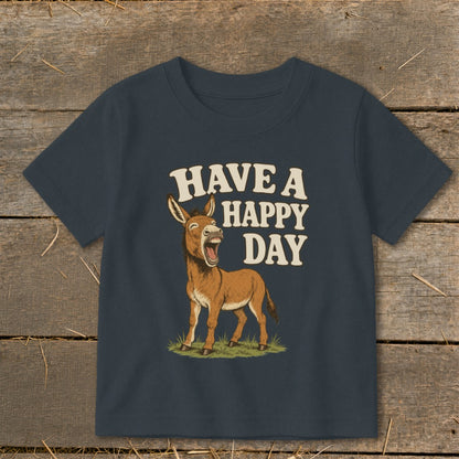 Dark blue t-shirt with cartoon donkey and text "HAVE A HAPPY DAY".