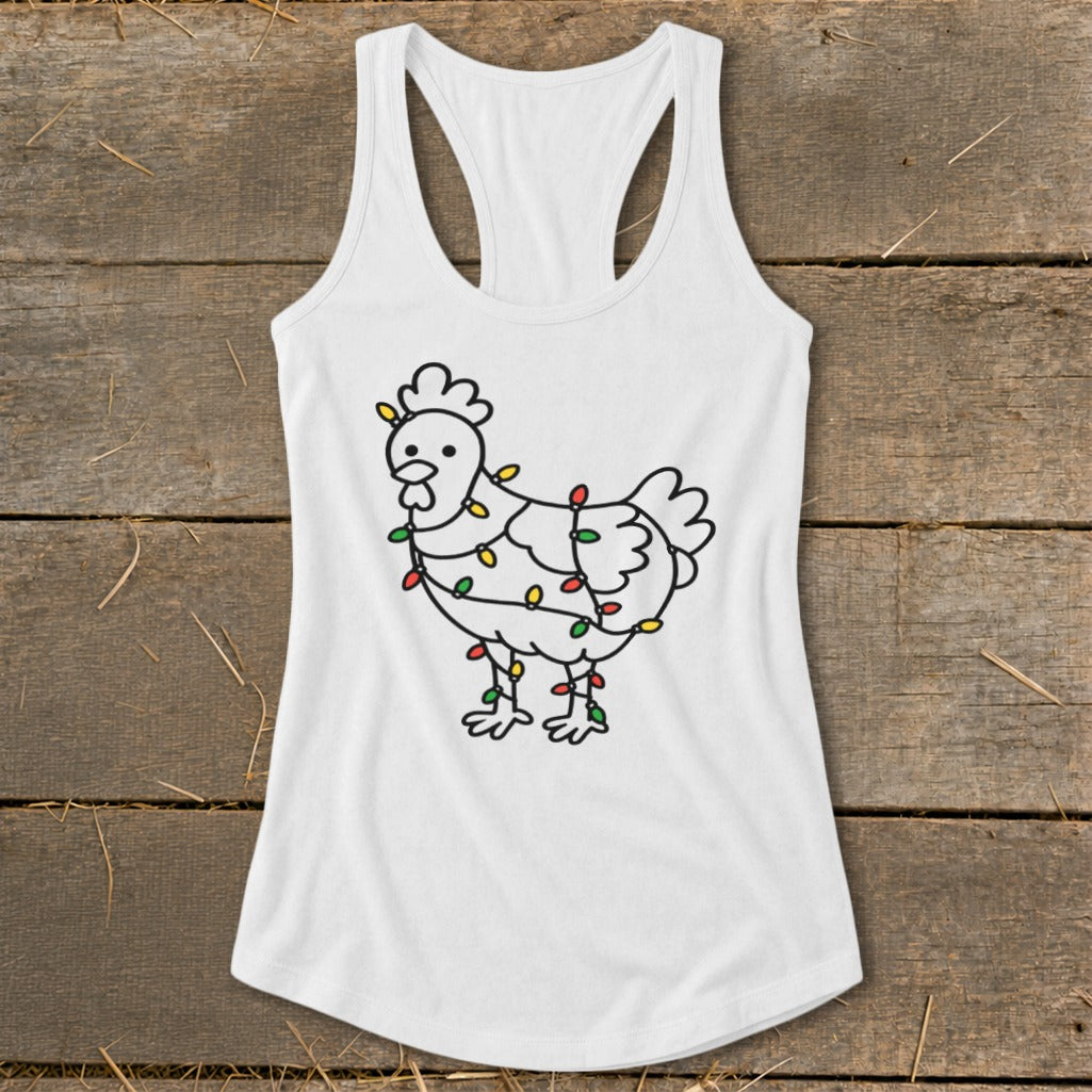 White tank top with a black line drawing of a chicken wrapped in colorful Christmas lights.