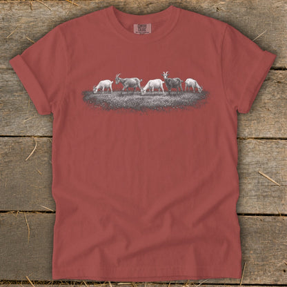 T-shirt with a row of goats grazing on grass.