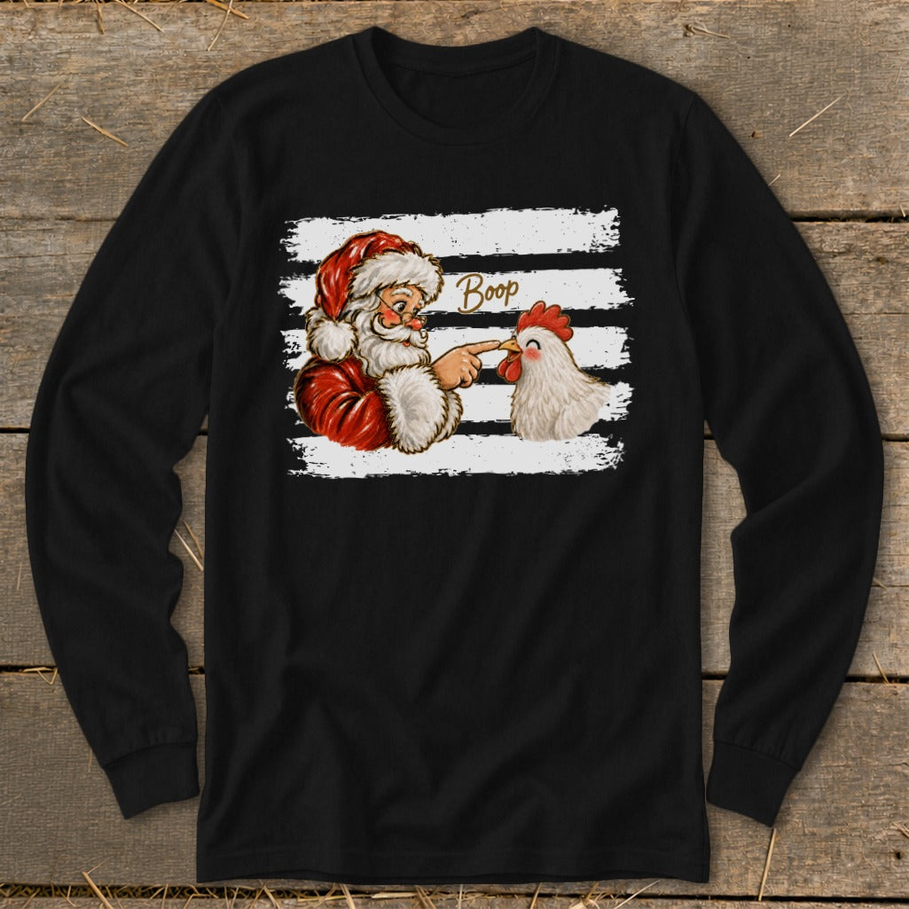 Santa booping a chicken with the word "Boop" on a black long-sleeve shirt.