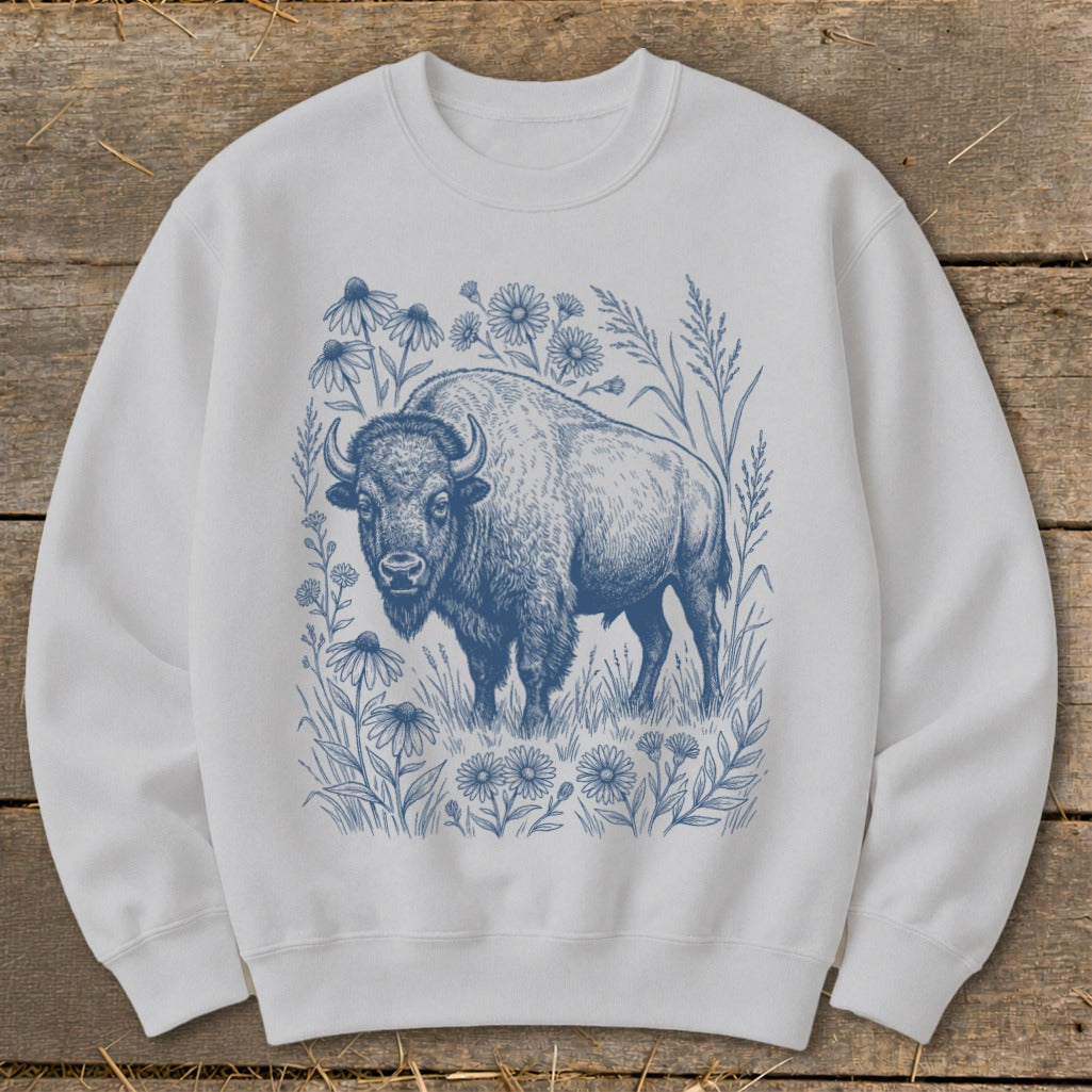 White sweatshirt with blue line art of a bison surrounded by wildflowers and grasses.