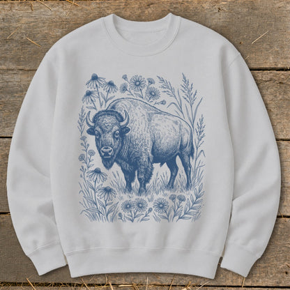 White sweatshirt with blue line art of a bison surrounded by wildflowers and grasses.