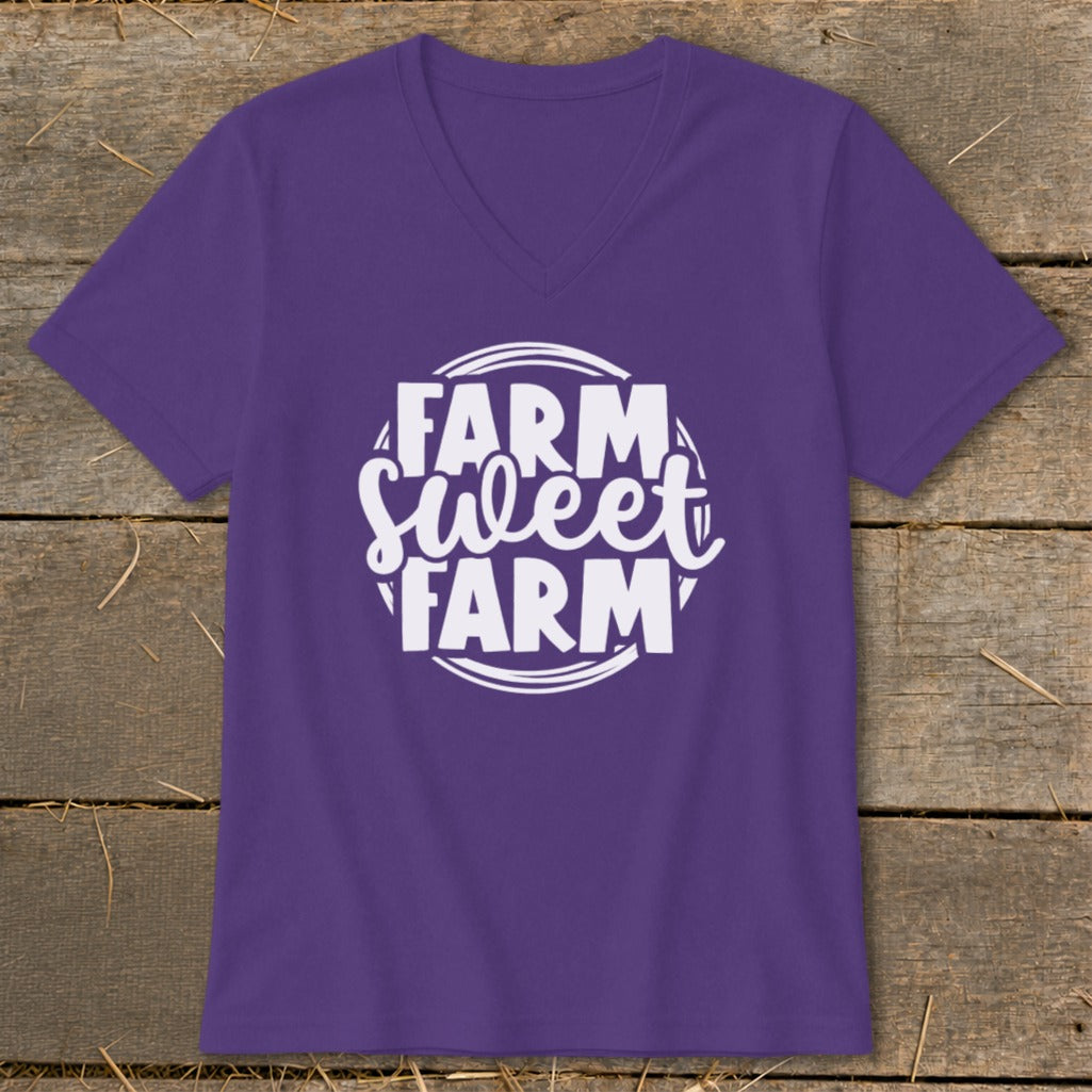 Purple v-neck t-shirt with white "Farm Sweet Farm" graphic.
