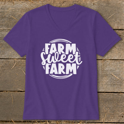 Purple v-neck t-shirt with white "Farm Sweet Farm" graphic.