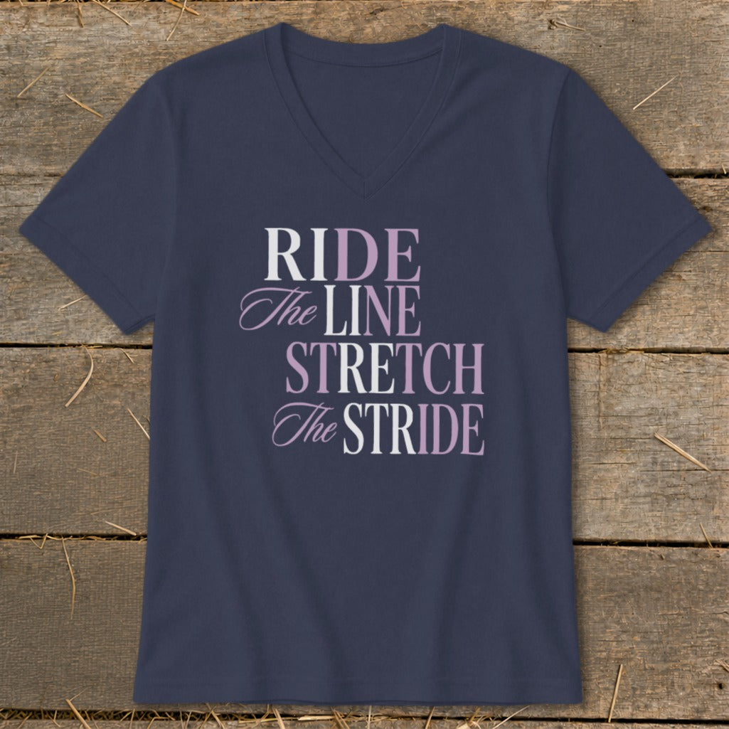 Navy v-neck t-shirt with "Ride The Line Stretch The Stride" text.