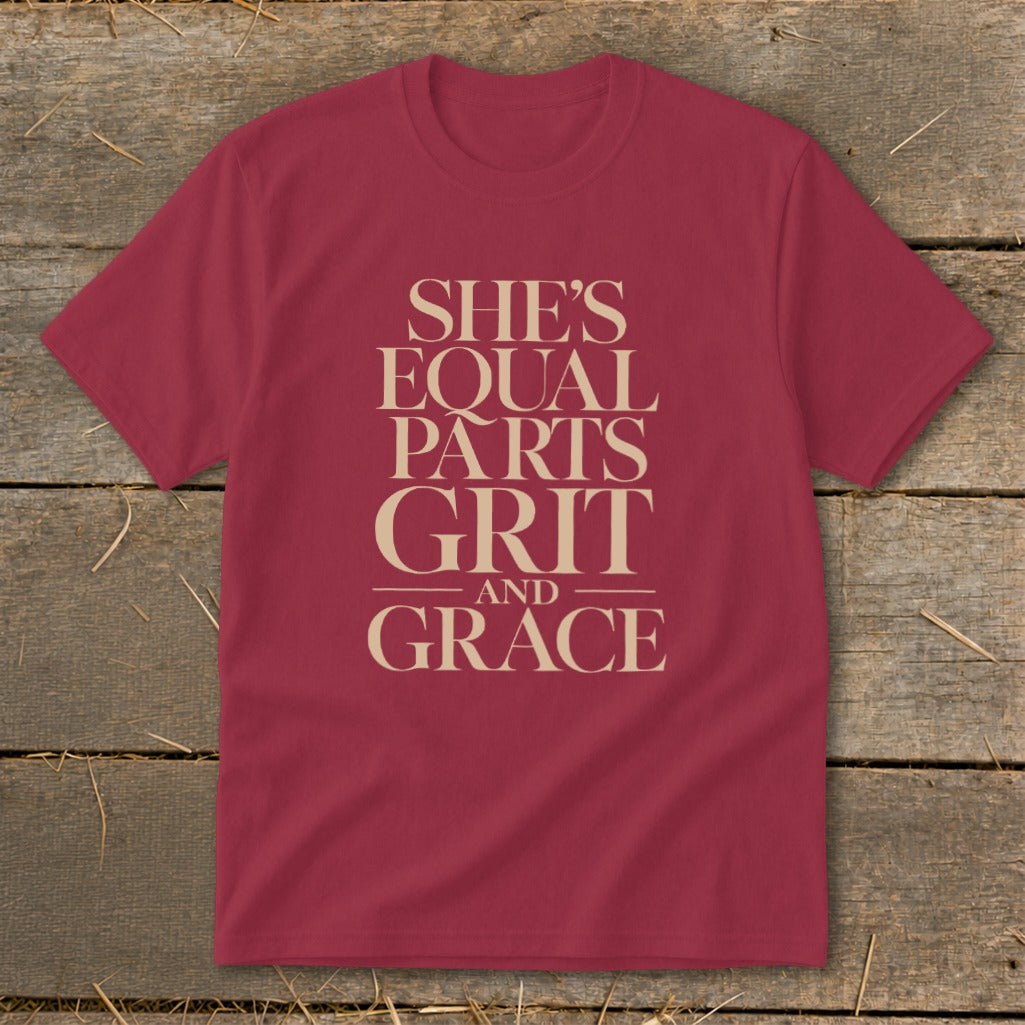 Maroon t-shirt with "She's Equal Parts Grit and Grace" text.