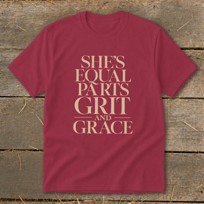 Maroon t-shirt with "She's Equal Parts Grit and Grace" text.