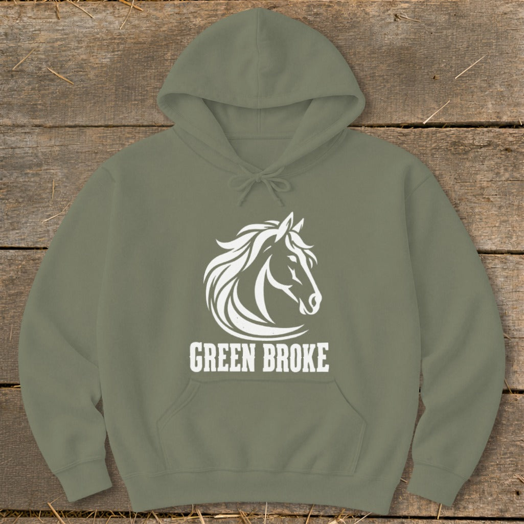 Olive green hooded sweatshirt with a white horse head graphic and the text GREEN BROKE.