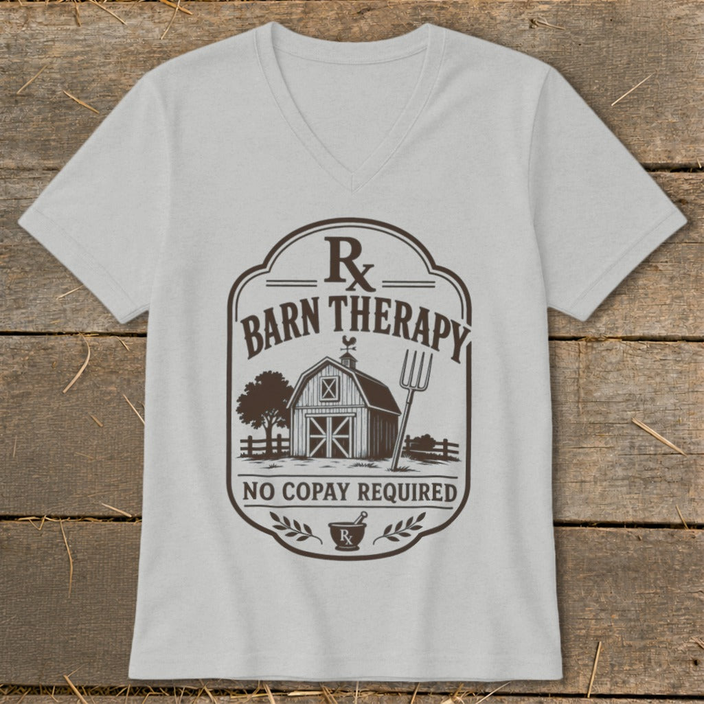 Gray v-neck t-shirt with "Barn Therapy" and "No Copay Required" text.