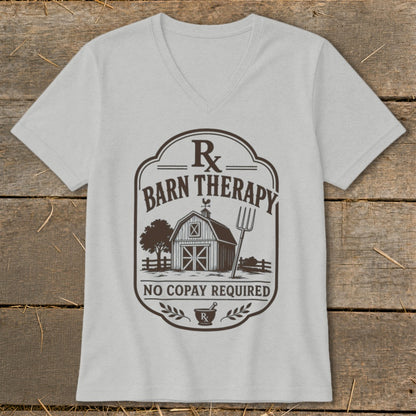 Gray v-neck t-shirt with "Barn Therapy" and "No Copay Required" text.