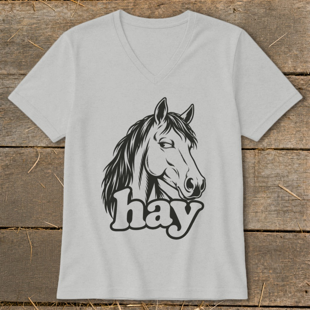 Light gray v-neck t-shirt with black horse head graphic and the word "hay".