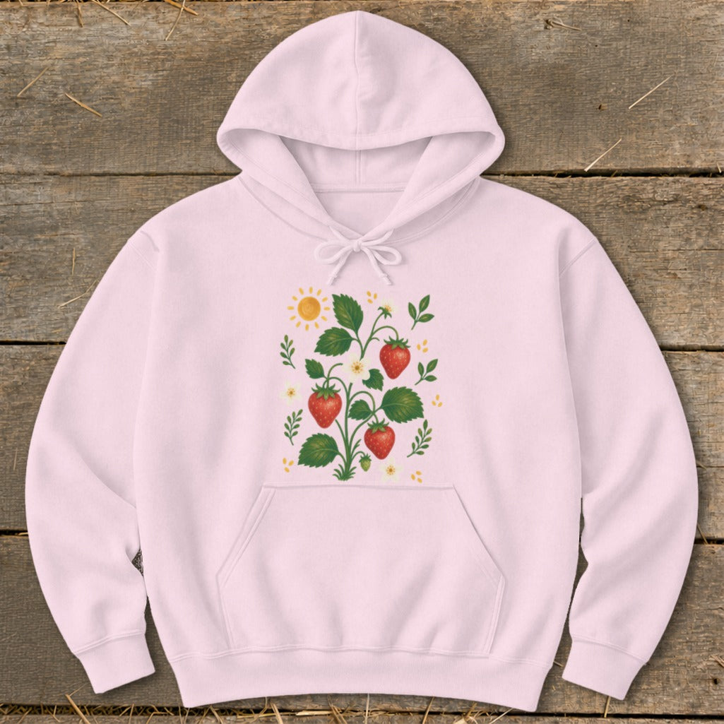 Pink hoodie with a strawberry plant graphic and a sun.