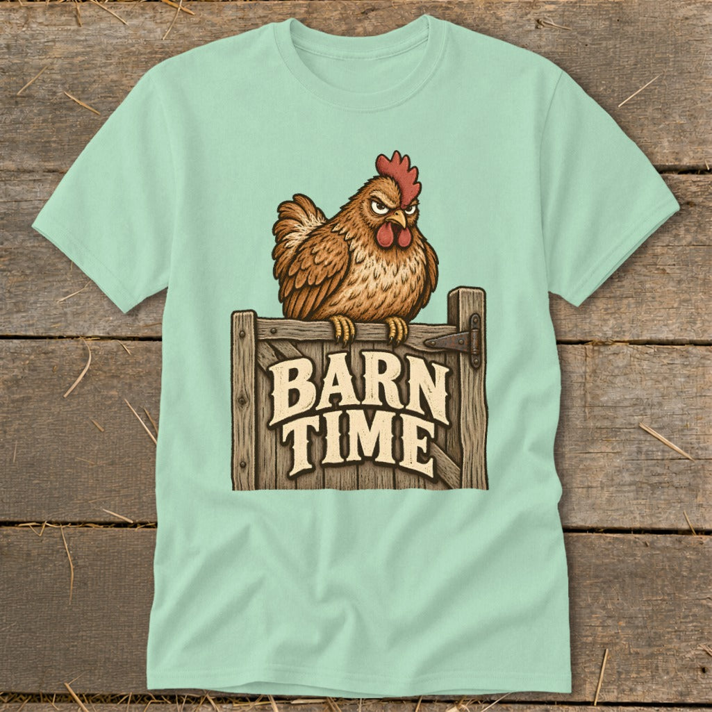 Angry chicken perched on wooden gate with "Barn Time" text.