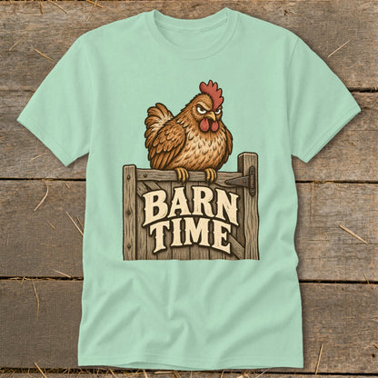 Angry chicken perched on wooden gate with "Barn Time" text.