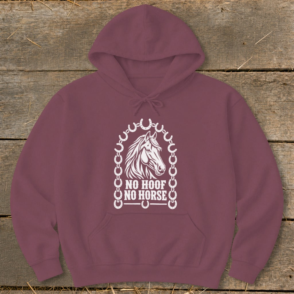 Maroon hoodie with a white horse head design and "NO HOOF NO HORSE" text.