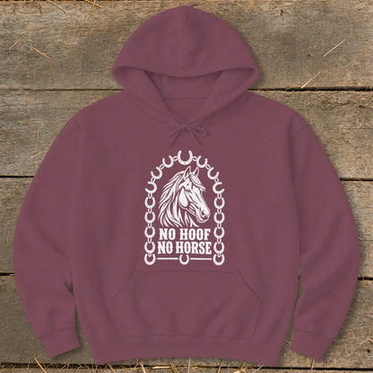 Maroon hoodie with a white horse head design and "NO HOOF NO HORSE" text.