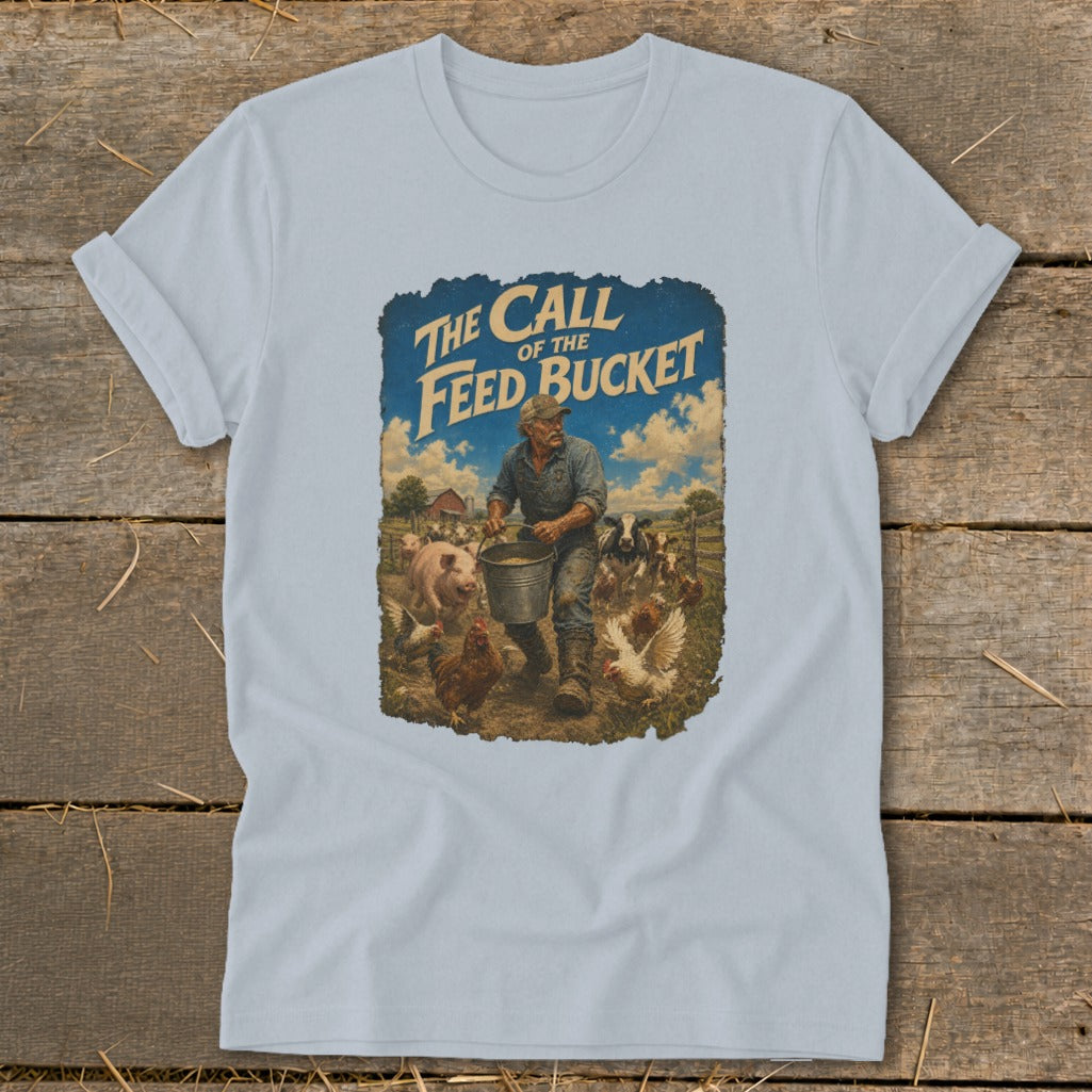 A farmer carries a feed bucket on a farm with pigs, chickens, and cows.