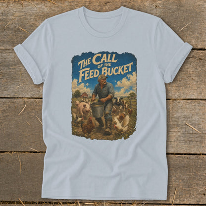 A farmer carries a feed bucket on a farm with pigs, chickens, and cows.