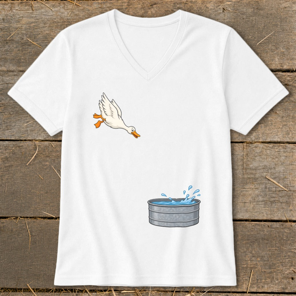 White t-shirt with cartoon duck jumping into a water tub graphic.