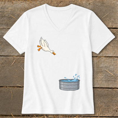 White t-shirt with cartoon duck jumping into a water tub graphic.