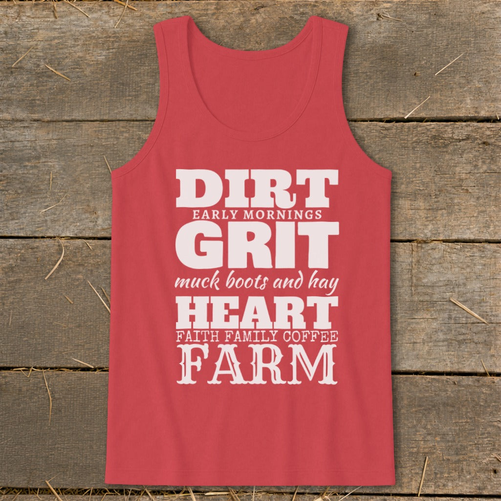 Red tank top with white text: DIRT, GRIT, HEART, FARM.