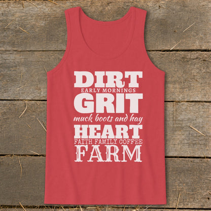 Red tank top with white text: DIRT, GRIT, HEART, FARM.