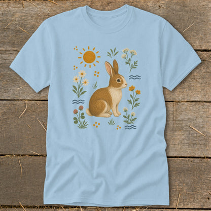 Light blue t-shirt with a graphic of a brown and white rabbit surrounded by flowers and sun.