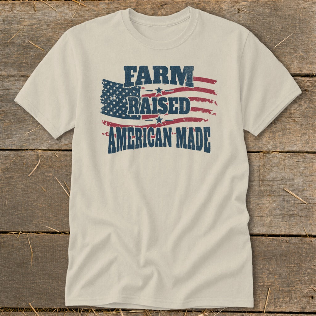 T-shirt with American flag graphic and text "FARM RAISED AMERICAN MADE".