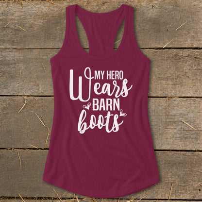 Burgundy tank top with white text "My Hero Wears Barn Boots".