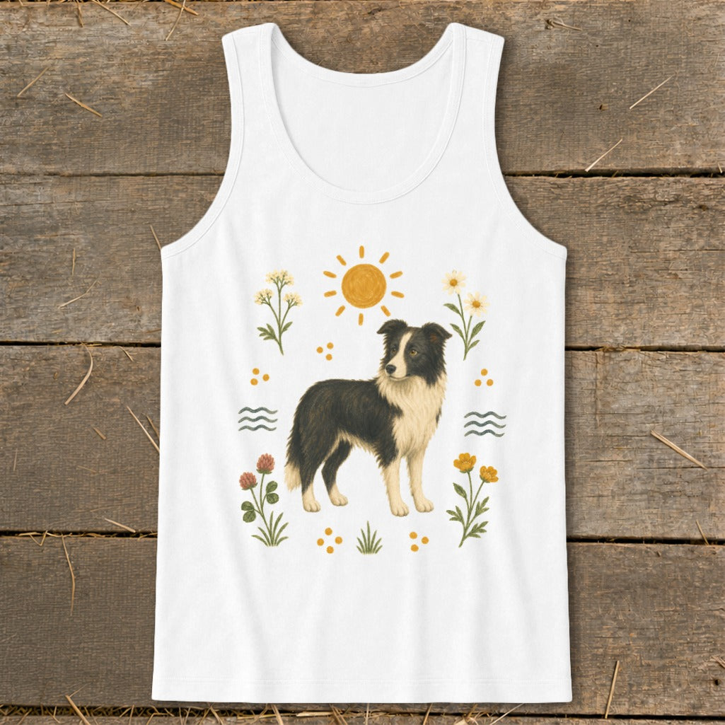 White tank top with a Border Collie surrounded by sun, flowers, and waves.