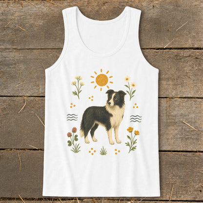 White tank top with a Border Collie surrounded by sun, flowers, and waves.