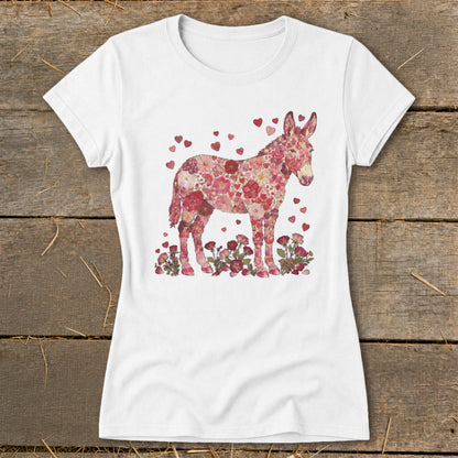 White t-shirt with a floral donkey graphic surrounded by hearts and flowers.