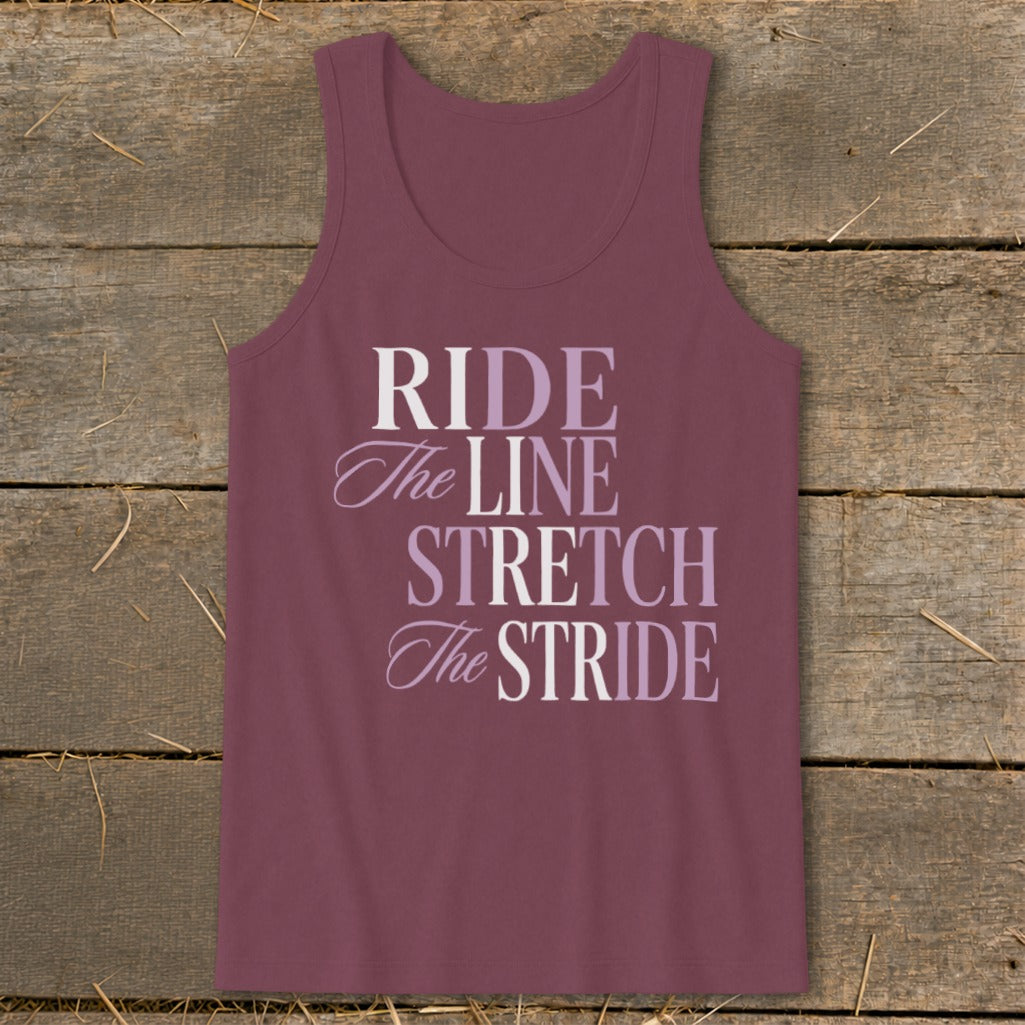 A maroon tank top featuring the white and purple text Ride The Line Stretch The Stride.