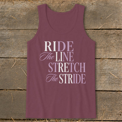 A maroon tank top featuring the white and purple text Ride The Line Stretch The Stride.